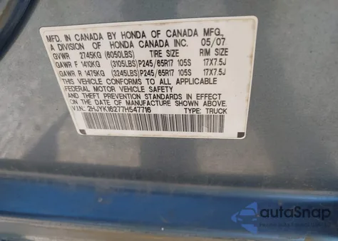 2007 Honda Ridgeline Rt from USA, damaged, VIN 2HJYK16277H547716